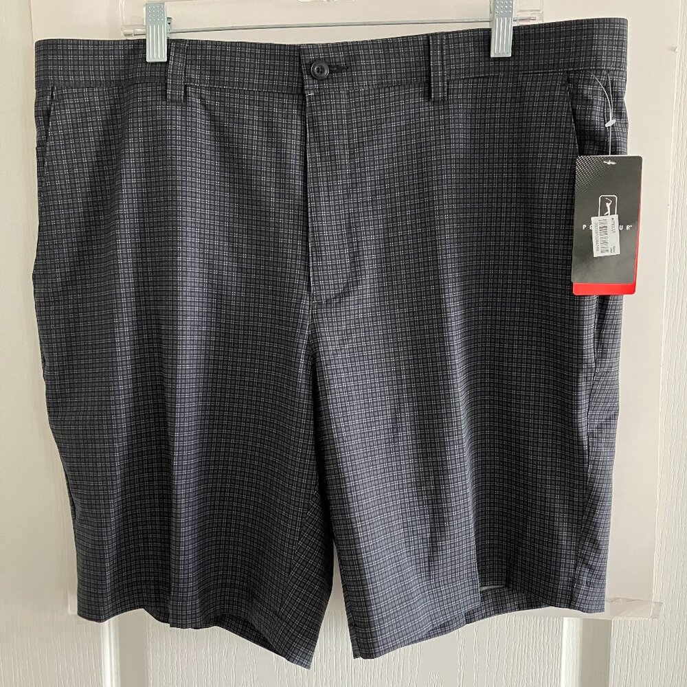 PGA Tour Mens Golf Shorts Size 38 Black/Gray Plaid Front Pockets Stretch Waist.
